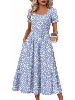 Zeagoo Women's Blue Dot Floral Flowy Casual Short Sleeve Tiered Mid Maxi Dress